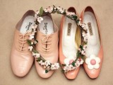 vintage pink shoes with flowers on them add romance and a soft touch of color to the look