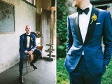 a navy tuxedo with black lapels, a black bow tie and a white shirt plus a colorful boutonniere