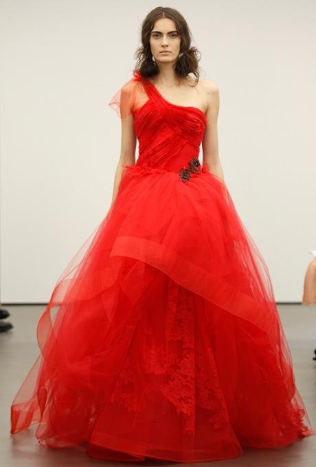 a one shoulder hot red wedding ballgown with a draped bodice and a layered full skirt, with black embellishments is a fantastic idea for a Halloween wedding