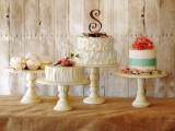 a rustic solution to display cakes on vintage stands