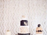 sheer stands don’t distract attention from white, black and blush wedding cakes with blooms and bows