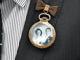 a wedding boutonniere of a vintage pocket watch with a black and white photo of the people who are gone but loved