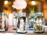 mason jars with family photos can be used as wedding decor, honor those who have passed away like that