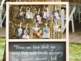 a rustic decoration that includes banners with photos of those who are gone and a chalkboard with a quote about love to these people
