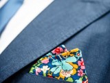 a pocket square done with a super bold printed handkerchief is a lovely idea for a wedding with plenty of color