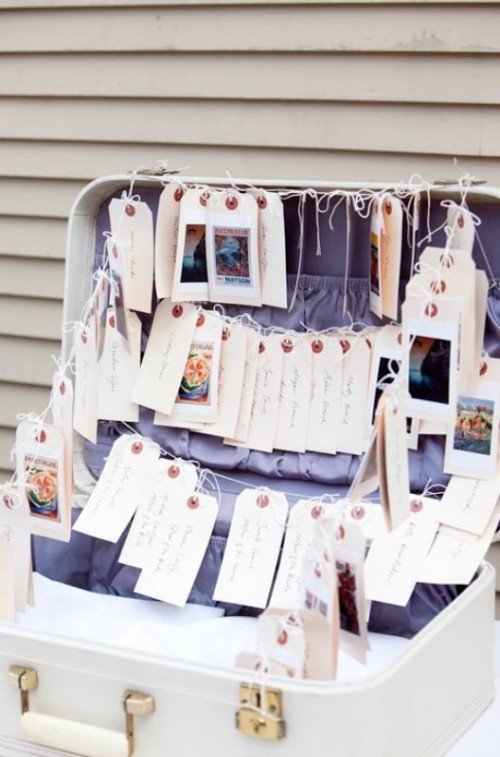 a vintage suitcase as an escort card storage unit, with photos and tags is a lovely idea for a vintage or rustic wedding