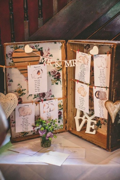 a vintage suitcase placed vertically, with floral wallpaper, banners, letters and a seating chart right inside
