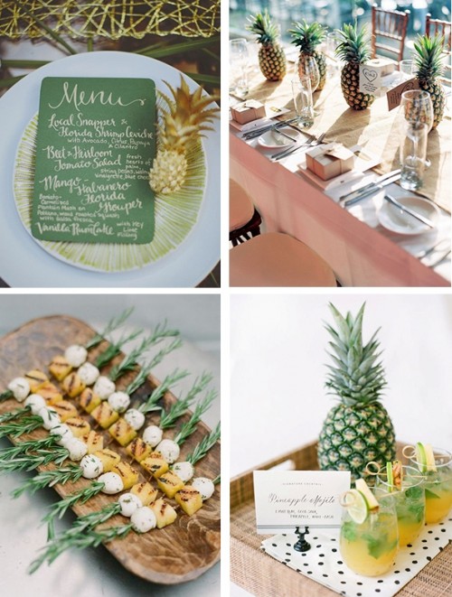 pineapple appetizers, drinks, pineapples to mark table runners and place settings will give a tropical feel to the table