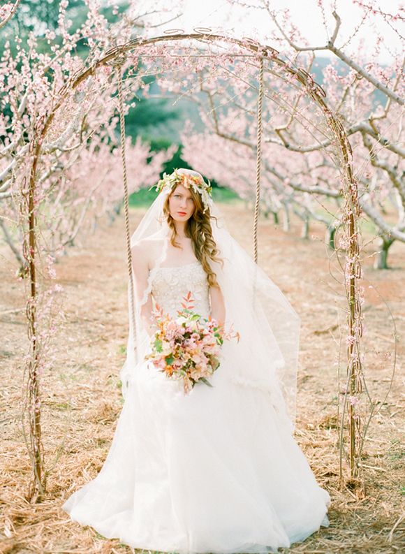 a vine wedding arch decorated with cherry blossom is a real spring like dream
