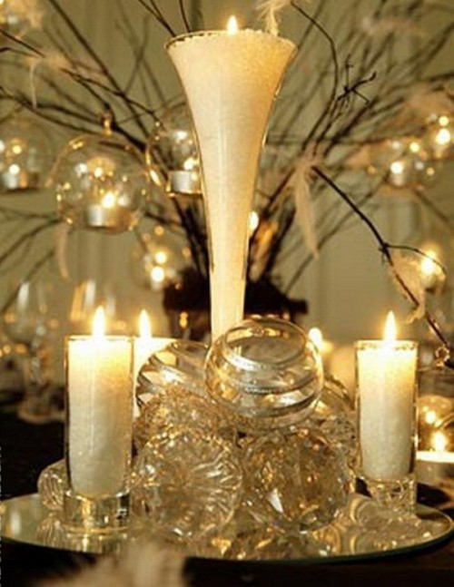 branches with bubbles and tealight candles inside, pillar candles and sheer and glitter ornaments