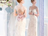 a dreamy and ethereal fitting wedidng dress of lace, with an illusion back done with neutral and gold lace and an oversized pink flower on the sash is amazing