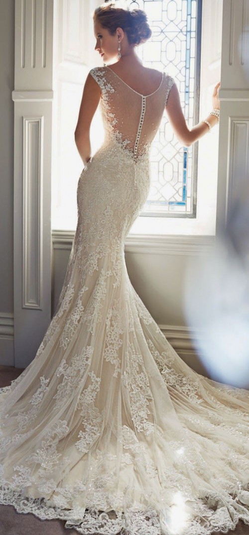 an exquisite mermaid wedding dress of neutral lace, with cap sleeves, a V back, an illusion back with lace and a row of buttons is a very sexy and refined idea