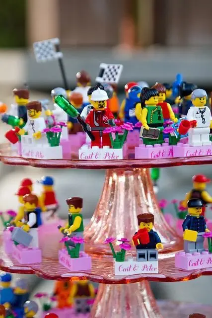 colorful Lego figurines as wedding escort cards are cool and fun items for any wedding