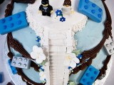 a blue Lego wedding cake with edible Legos and fun cake toppers is an amazing choice for a whimsy wedding