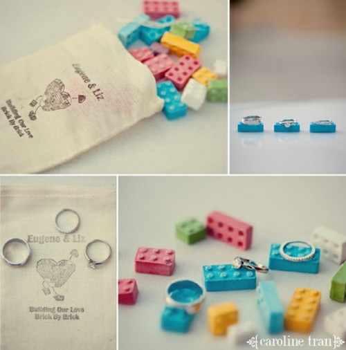 Lego parts as wedding favors and for styling your wedding rings for pretty pics