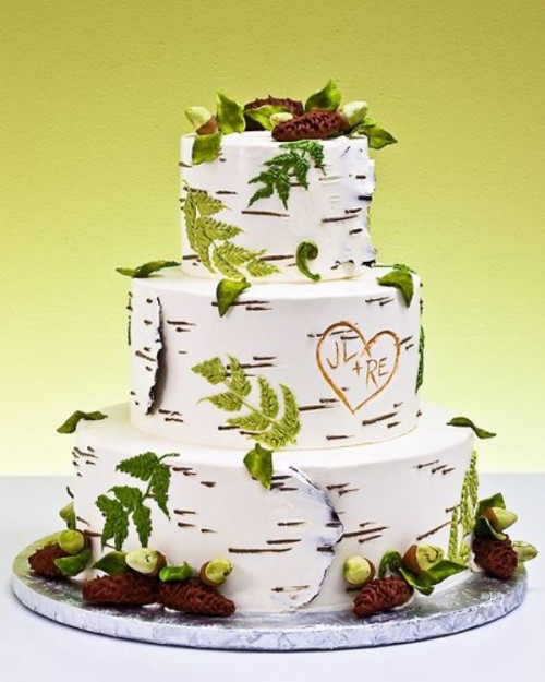 a birchbark wedding cake with fern leaves and edilbe pinecones and leaves is a whimsy option for a rustic wedding