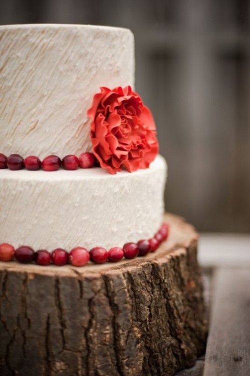 a white textural buttercream wedding cake with a sugar bloom and cranberries is a pretty idea for a rustic wedding