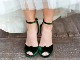 lovely and refined dark green velvet wedding shoes are a cool way to add a bit of color to your look for a fall or winter wedding