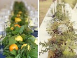 a greenery garland with citrus for a tropical wedding and a textural greenery garland with pale succulents for a modern one