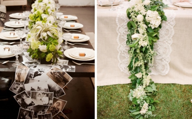 A table garland of your photos is a very personal idea, and a lush greenery and neutral bloom garland will match most of styles