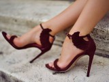 marsala suede wedding heels with tiny wings are lovely for a fall, summer or winter bride and look fantastic
