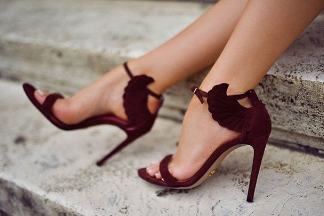Marsala suede wedding heels with tiny wings are lovely for a fall, summer or winter bride and look fantastic