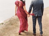 a marsala wedding dress with short draped sleeves, a cutout back and a sash is a lovely and bright idea for a fall bride