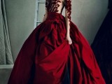 a marsala wedding dress with a floral bodice with long sleeves and a fully skirt with draperies is a lovely and bold idea