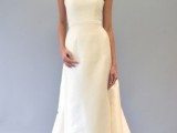 a strapless plain A-line wedding dress with a sash and a train is a cool idea for a modern romantic bride