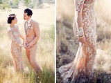 a glam fitting nude lace wedding dress with a high neckline and long sleeves is a gorgeous statement