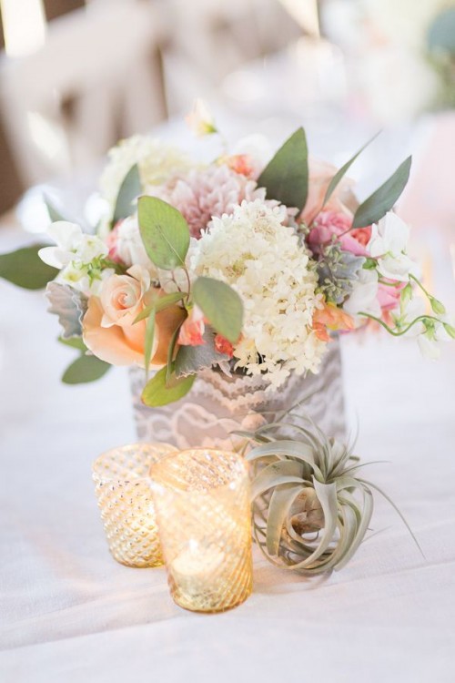 a box wrapped with lace and white and pink blooms is a truly chic rustic wedding centerpiece
