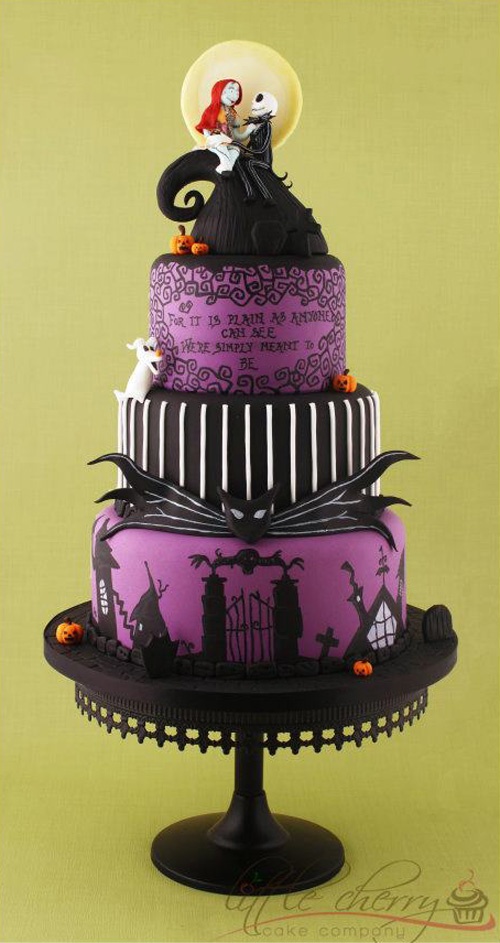 a black, purple and white Halloween wedding cake with unique patterns and quotes, sugar pumpkins and skulls and Sally and Jack Skellington toppers