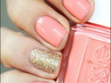 a coral wedding manicure and a gold glitter accent nail are a lovely combo for a bright spring or summer bridal look