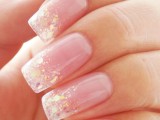 a chic and pretty glam wedding manicure in blush, with gold glitter and sparkles is a lovely idea for a spring or summer wedding