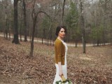 a mustard cardigan as a lovely and comfy cover up for a fall woodland wedding, it embraces the season with its color
