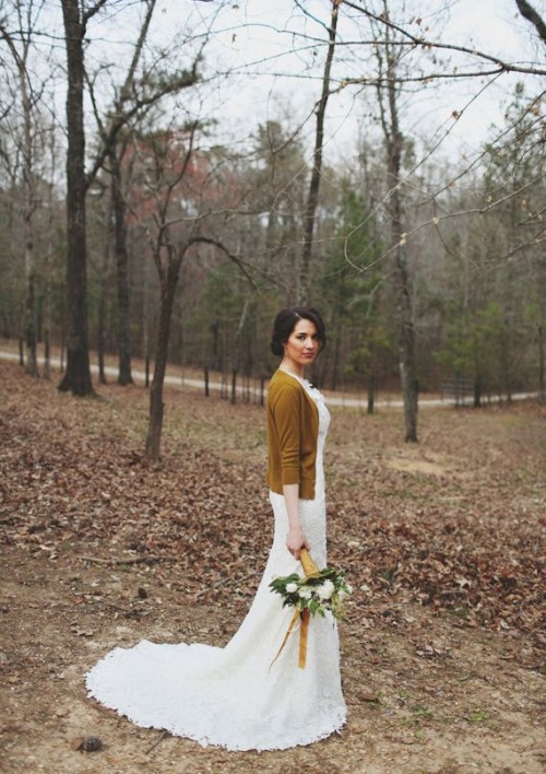 a mustard cardigan as a lovely and comfy cover up for a fall woodland wedding, it embraces the season with its color