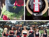 black bridesmaid dresses and shoes plus red bouquets, a black wedding cake with red flowers on top