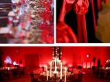 red napkins, red bows on chairs, red candles and black candelabra for bright wedding decor