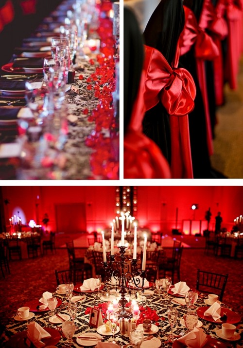 red napkins, red bows on chairs, red candles and black candelabra for bright wedding decor