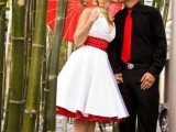 a couple dressed in black, white and red for a chic and bright look