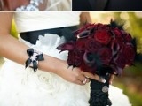 dark bridesmaid and wedding bouquets in deep red and black