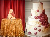 a white wedding cake decorated with burgundy petals, gold patterns served on a dessert table covered with a gold sequin tablecloth