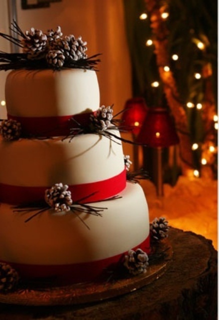 a white wedding cake decorated with red ribbon and snowy pinecones plus some evergreens is a lovely idea for a winter wedding