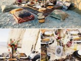a boho beach wedding picnic with a low picnic table, boho pillows, colorful glasses and plates plus colorful blooms