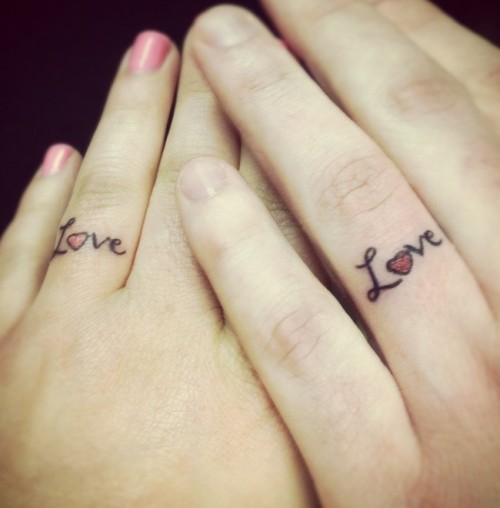 pretty LOVE and red heart ring-like tattoos on ring figers are lovely and fun and look very cute
