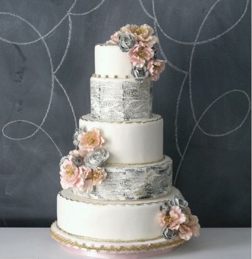 a vintage wedding cake with white and love letter tiers, silver and pink sugar blooms is a great idea for a vintage wedding