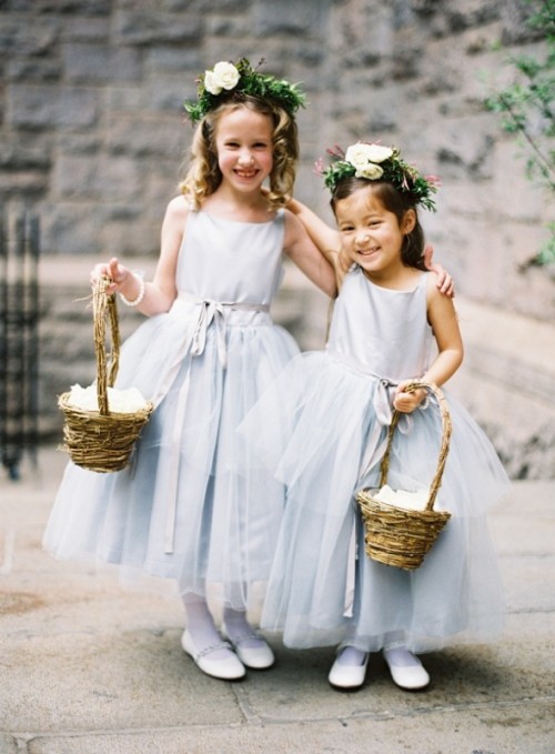 pale blue flower girl dresses with no sleeves, high necklines and full skirts are very elegant, chic and cute