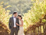 a strapless lace sheath wedding dress with a train is a chic and romantic idea to pull off at a vineyard wedding