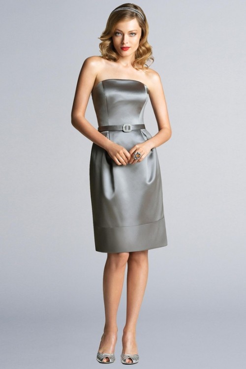 a strapless silk knee bridesmaid dress with a belt, matching shoes and a matching embellished headband