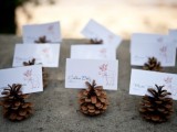 pinecone card holders are a cute and all-natural decor detail for a fall or winter wedding or just for a woodland celebration